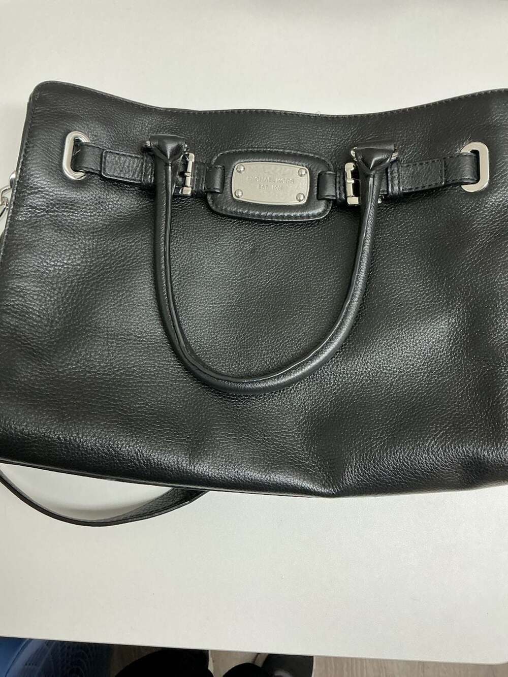 Michael Kors Black Pebbled Leather Hamilton Traveler Belted Tote Handbag